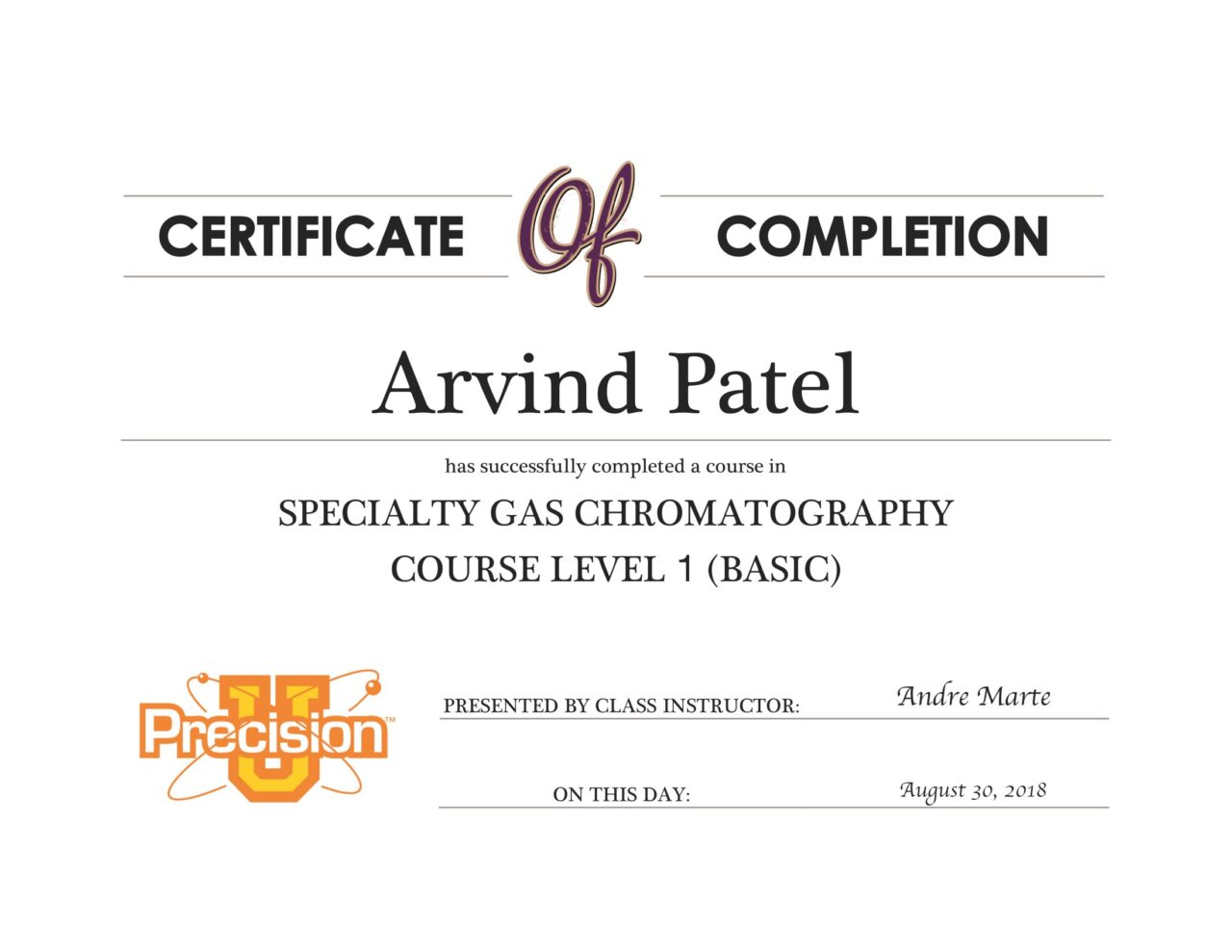 CERTIFICATE COMPLETION - Specialty Gas Chromatography Course Level 1_Arvind Patel