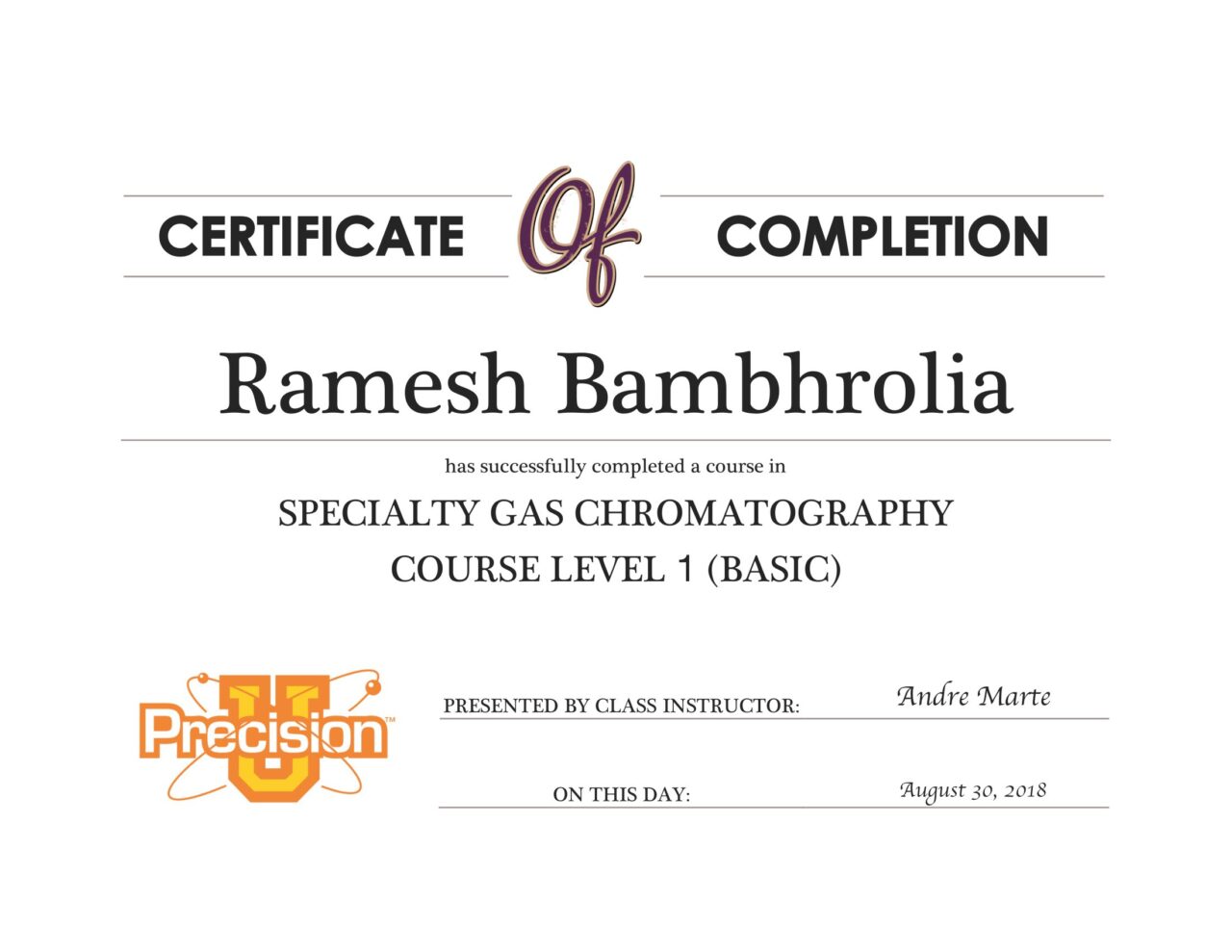 CERTIFICATE COMPLETION - Specialty Gas Chromatography Course Level 1_Ramesh Bambhrolia