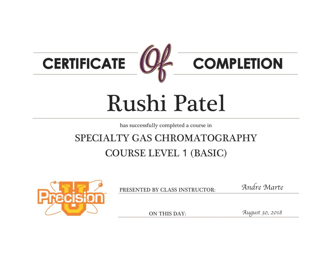 CERTIFICATE COMPLETION - Specialty Gas Chromatography Course Level 1_Rushi Patel