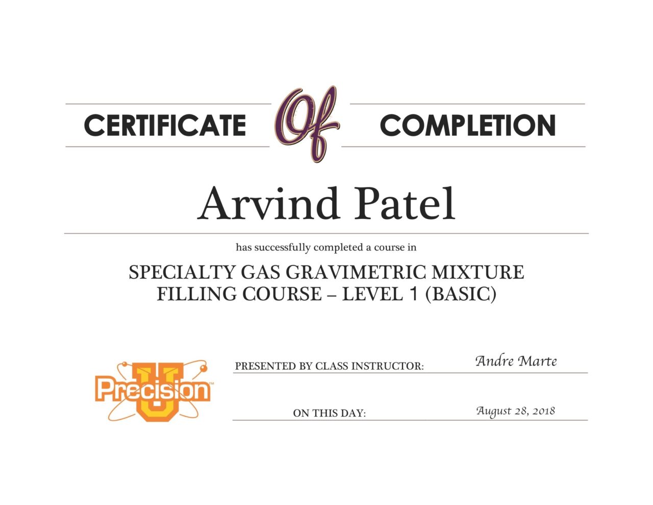 CERTIFICATE COMPLETION - Specialty Gas Gravimetric Mixture Filling Course – Level 1_Arvind Patel