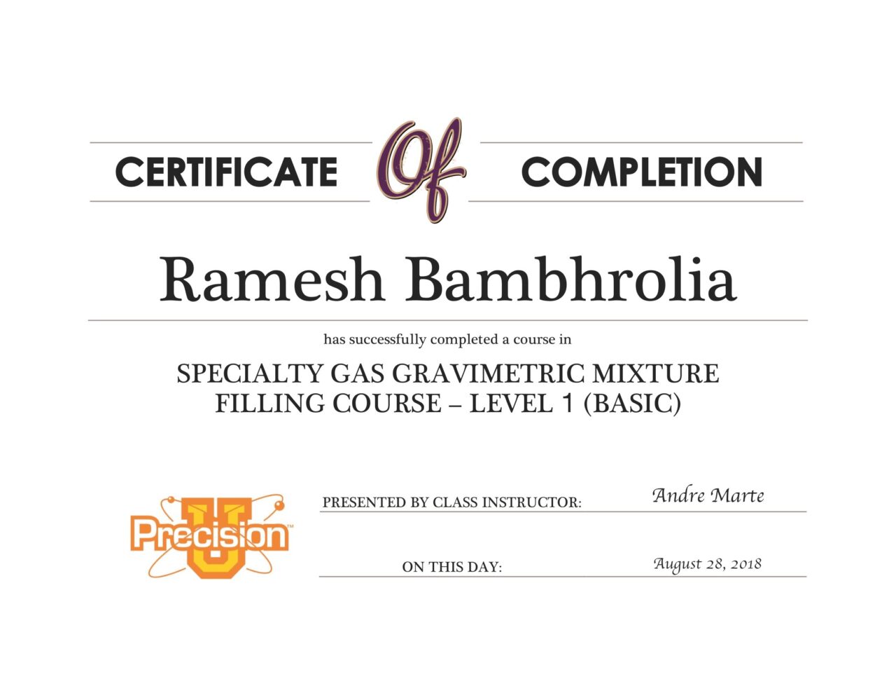 CERTIFICATE COMPLETION - Specialty Gas Gravimetric Mixture Filling Course – Level 1_Ramesh Bambhrolia