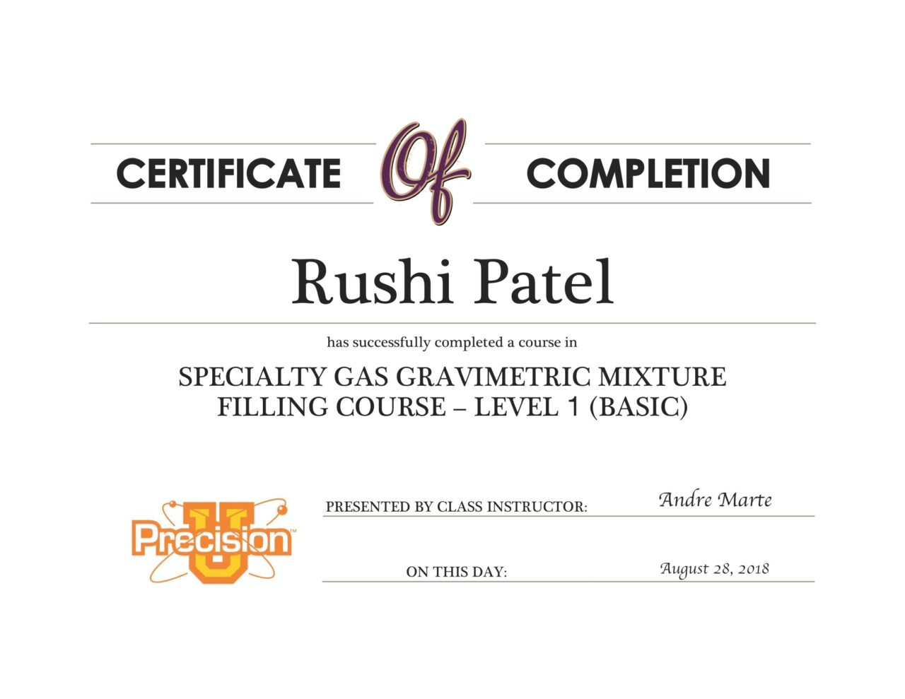 CERTIFICATE COMPLETION - Specialty Gas Gravimetric Mixture Filling Course – Level 1_Rushi Patel